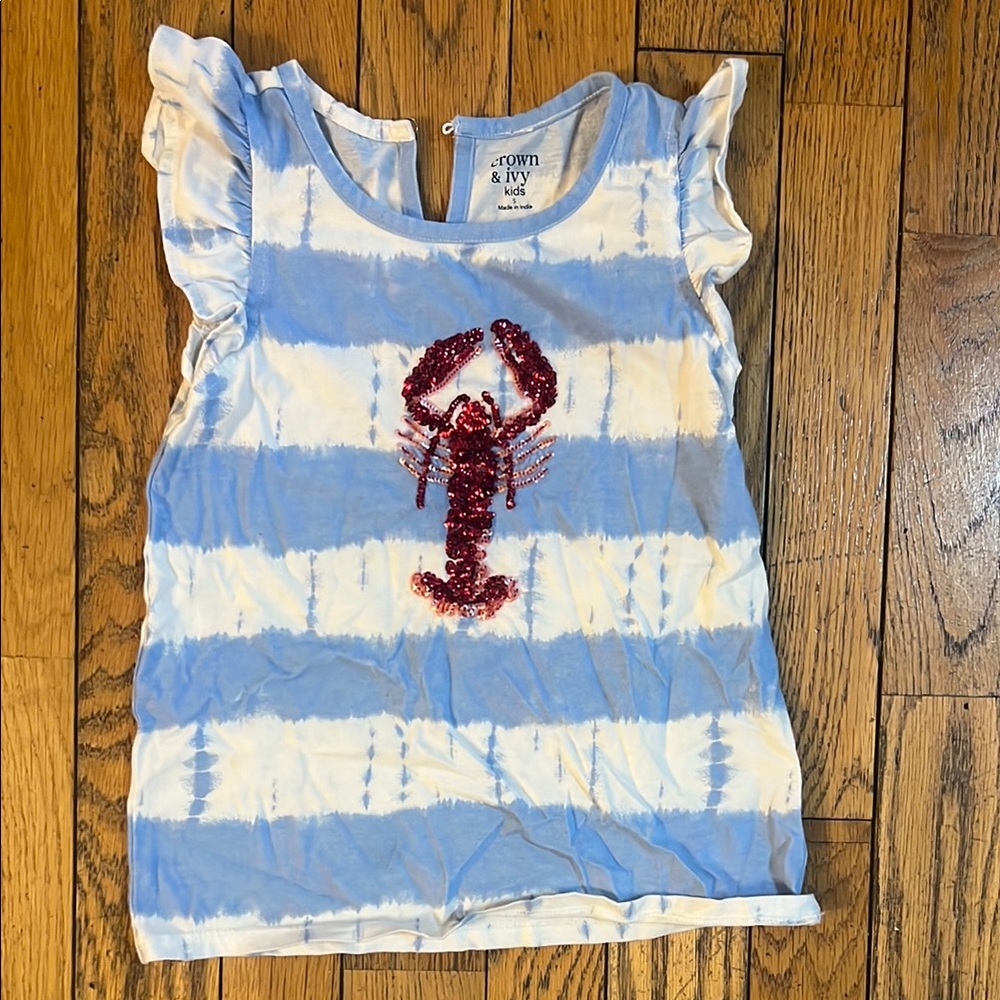 Crown & Ivy Blue and White Short Sleeve Tee with Ruffled Sleeves